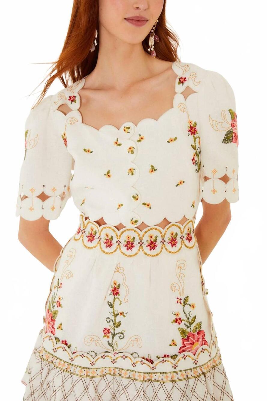 NEW FARM RIO flower embroidery scalloped mini dress in white